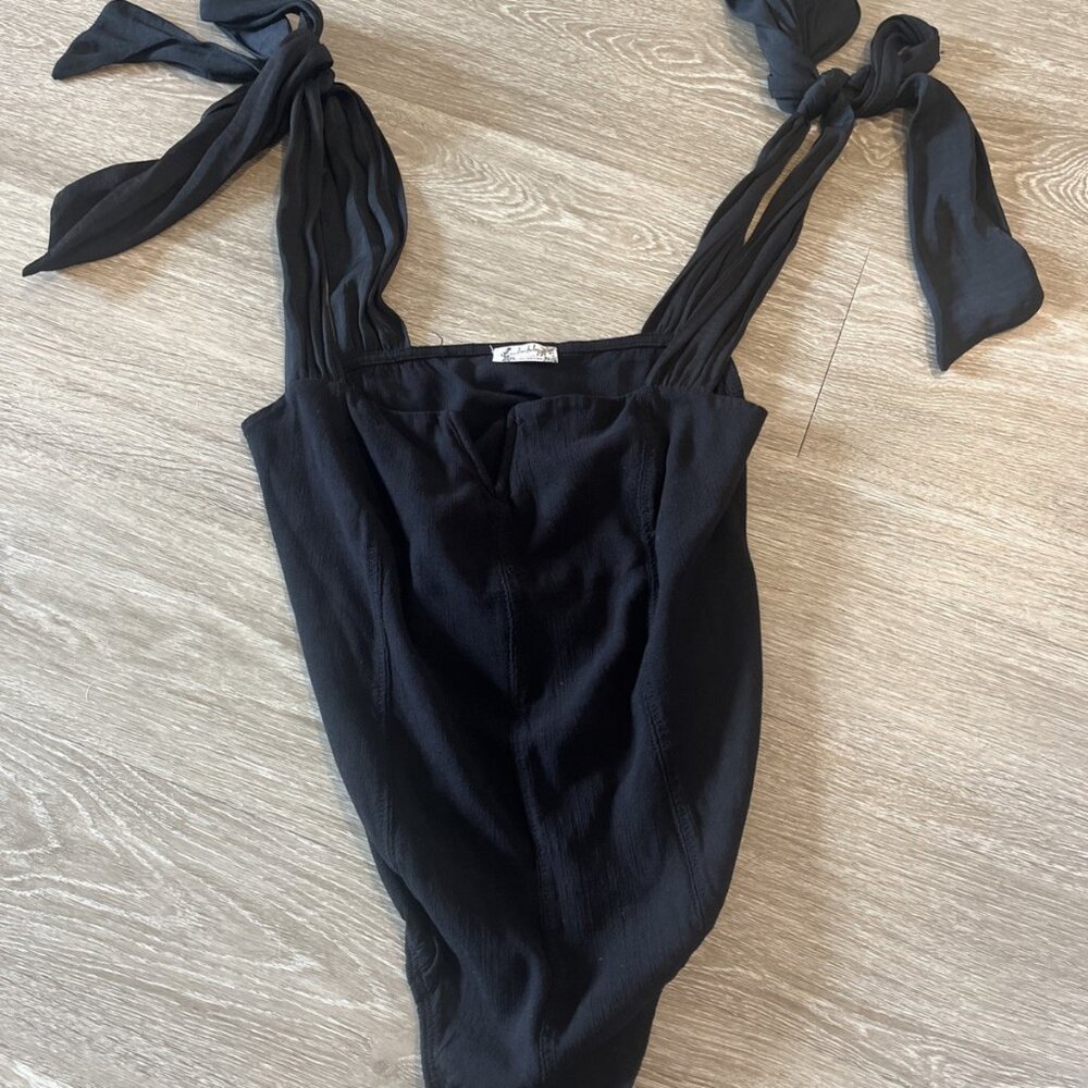 Free People Intimately Bodysuit Women XS Black Thong Snaps Wire V-neck Tie Strap